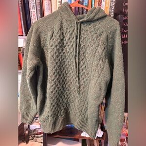 Aran Sweater Market Wool Hoodie Green Cable Knit Pullover Made in Ireland Size S
